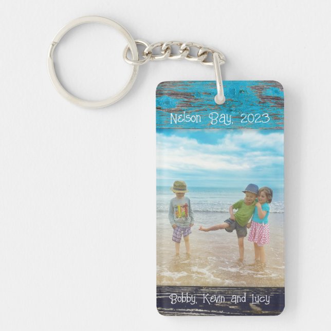 Porte-clefs Rustic Blue White Beach Wood Text Photo Frame (Devant)