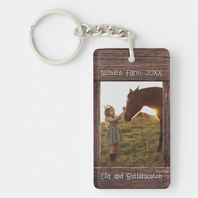 Porte-clefs Rustic Brown Wood Text Editable Faux Photo Frame (Devant)