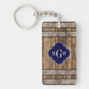 Porte-clefs Rustic Wood Metal Band Navy Quatrefoil 3 monogram
