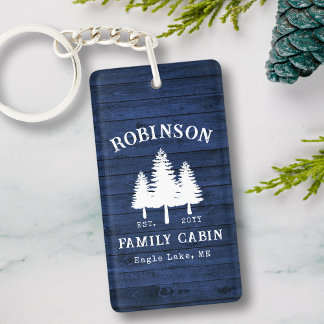 Porte-clefs Rustique Cabine de famille Arbres Bleu Planche en