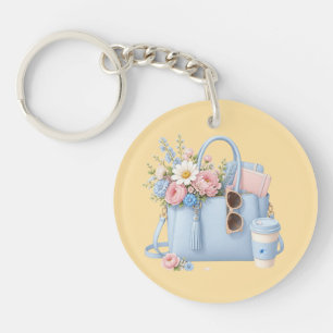 Porte-clefs Sac à main floral bleu avec lunettes de soleil et