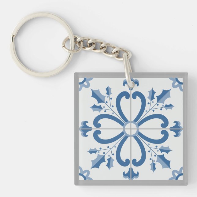 Porte-clefs Sacré de Noël et pétales de fleurs carreaux bleus (Devant)