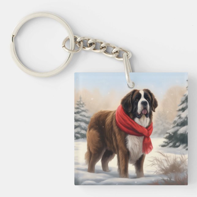 Porte-clefs Saint Bernard Chien à Noël de neige (Devant)