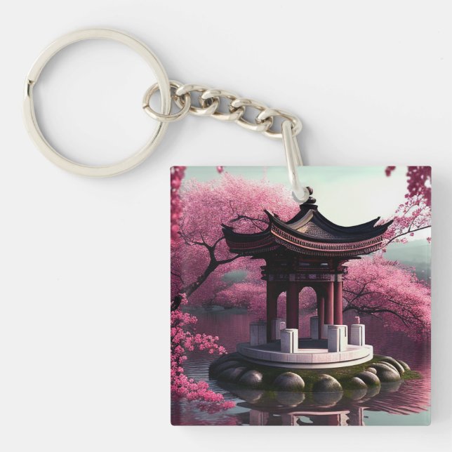 Porte-clefs Sakura Cherry Blossom Garden Shrine Pond Japonais (Devant)