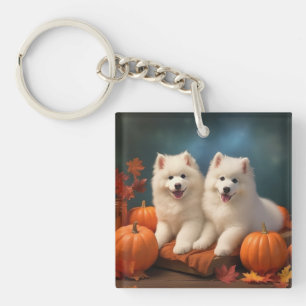 Porte-clefs Samoyed Chiot Automne Citrouille de plaisir