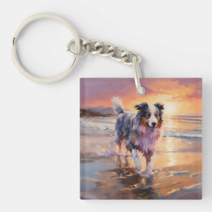 Porte-clefs Sandy Australian Shepherd Dog on Beach Sunset