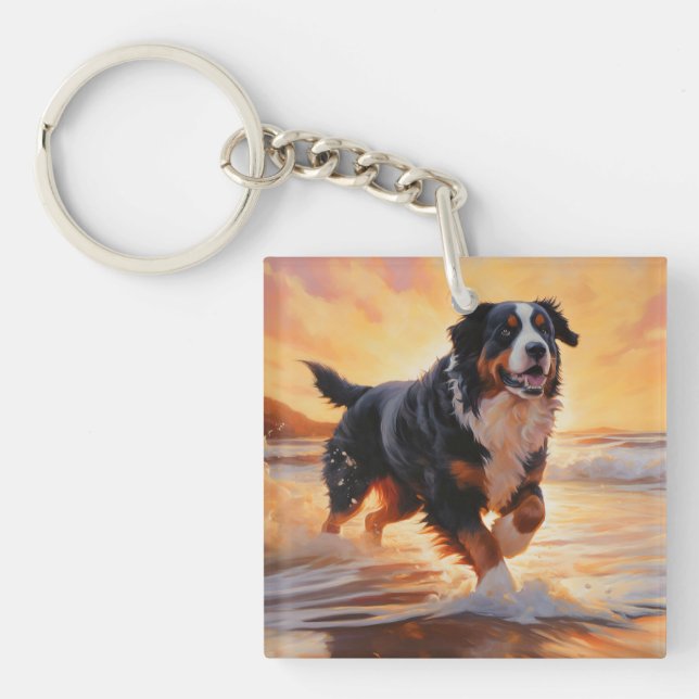 Porte-clefs Sandy Paws Bernese Mountain Dog on Beach Sunset (Devant)