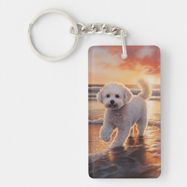Porte-clefs Sandy Paws Bichon Frise Dog sur Beach Sunset (Devant)