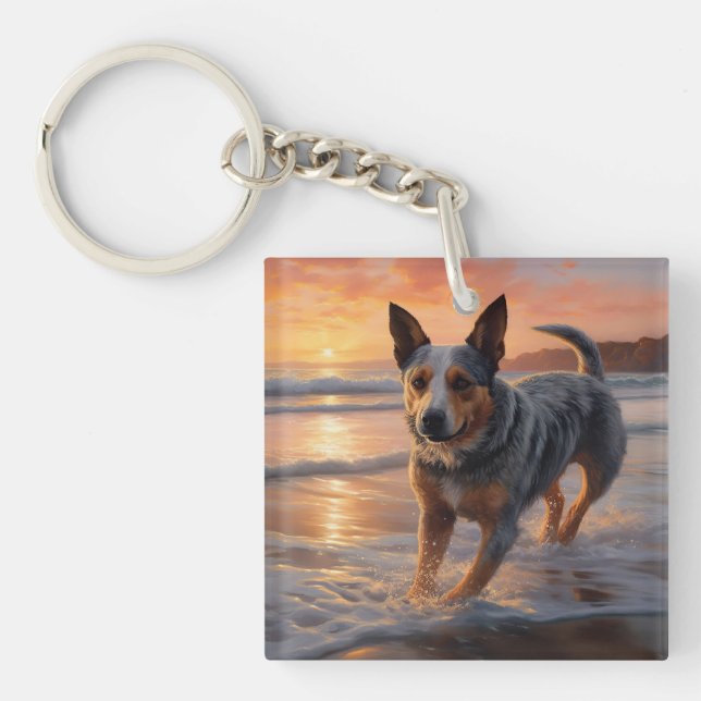 Porte-clefs Sandy Paws Bouvier Australien sur la Plage au Couc (Devant)
