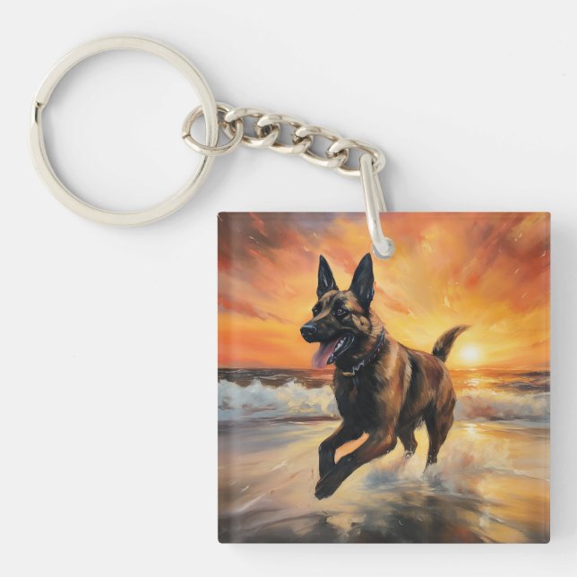 Porte-clefs Sandy Paws Chien Malinois Belge sur le coucher du  (Devant)