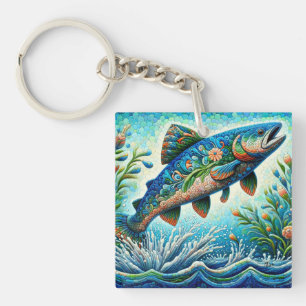 Porte-clefs Saumon Saut Mosaïque Floral Blue Green Peach