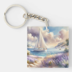 Porte-clefs Scène aquarelle de voilier sur la Côte de Lavande