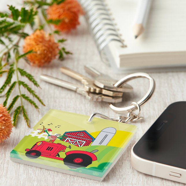 Porte-clefs Scène de ferme avec coq chantant sur tracteur (Créateur téléchargé)