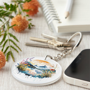 Porte-clefs Scène de montagne à l'aquarelle