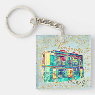 Porte-clefs Scène Whimsical Paris Street - Aquarelle colorée