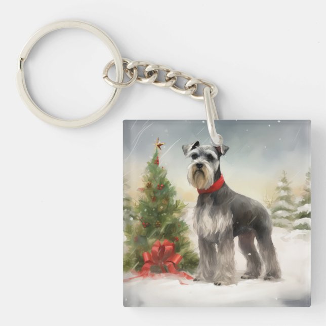 Porte-clefs Schnauzer Chien à Noël de neige (Devant)