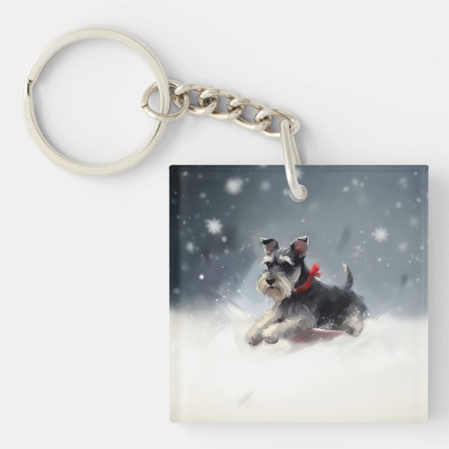 Porte-clefs Schnauzer miniature neige de Noël hiver (Devant)