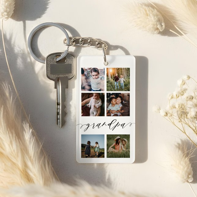 Porte-clefs Script Grand-père| Grandchildren Photo Grid Collag (Grandpa Script | Grandchildren Photo Grid Collage Keychain)