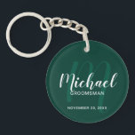 Porte-clefs Script moderne Groomsmen personnalisé Monogramme&N<br><div class="desc">Ajoutez une touche personnelle à votre mariage avec un porte - clé de toiletteurs personnalisé. Ce porte - clé présente le nom des groomsmen personnalisées dans le style de police de script moderne blanc et monogramme dans le style de police de script moderne vert émeraude clair comme arrière - plan...</div>