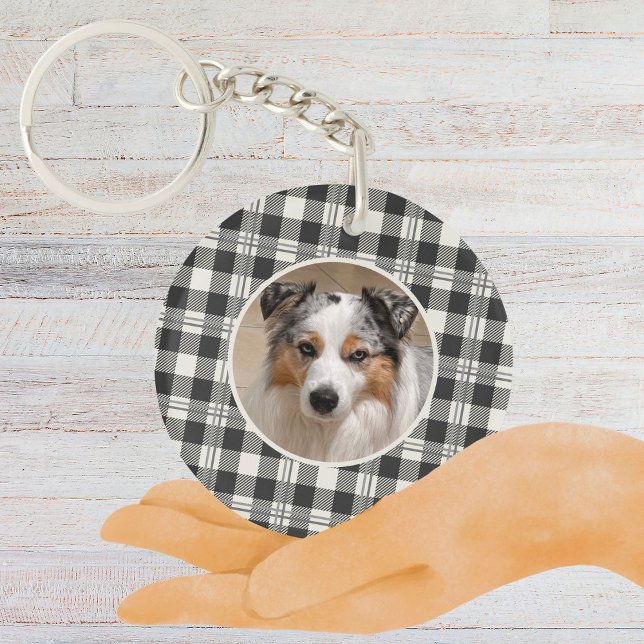 Porte-clefs Sentimental Pet Photo Dark Grey Plaid Art (Buffalo Plaid Dark Gray and Buttercream Photo Keychain)
