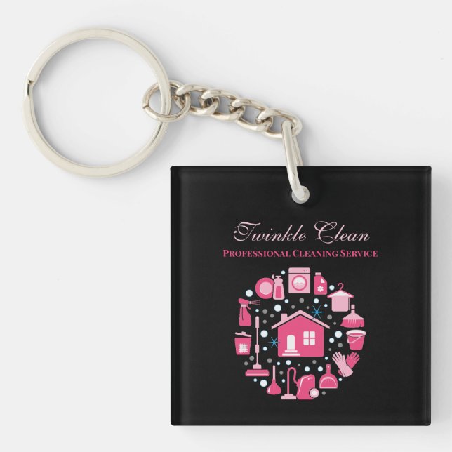 Porte-clefs Service de nettoyage des fournitures en noir rose (Devant)