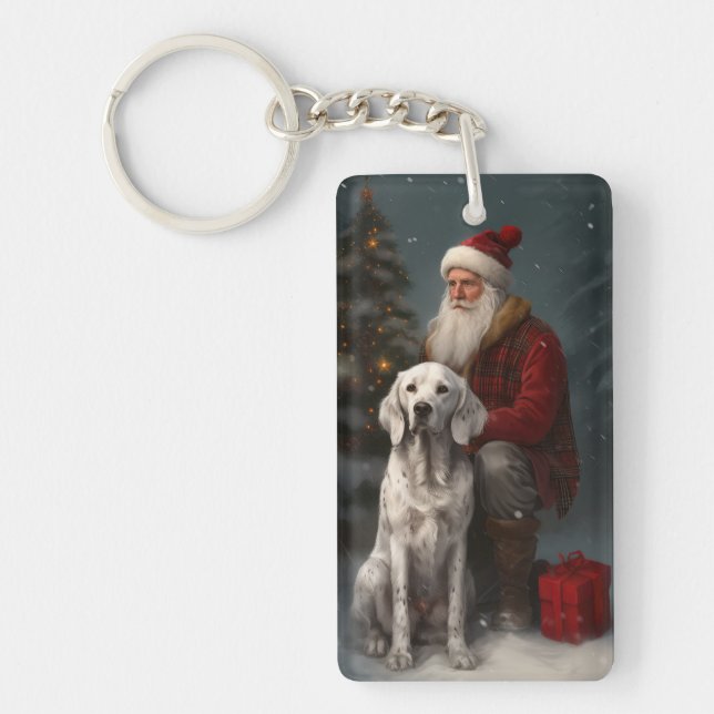 Porte-clefs Setter anglais avec Noël Festif du Père Noël (Devant)