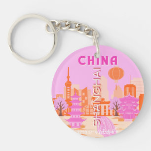 Porte-clefs Shanghai Chine Rose Voyage Art