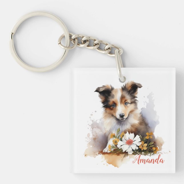 Porte-clefs Shetland Sheepdog Chiot Pet Aquarelle (Devant)