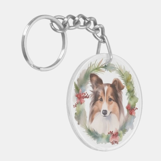 Porte-clefs Shetland Sheepdog Christmas Wreath Festive Pup (Devant gauche)