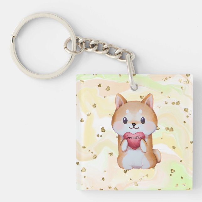 Porte-clefs Shiba Inu Tenir Un Coeur (Devant)