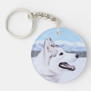 Porte-clefs Sibérie Husky (argent et blanc) Peinture Chien Art
