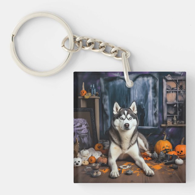 Porte-clefs Sibérie Husky Citrouille Halloween effrayant (Devant)