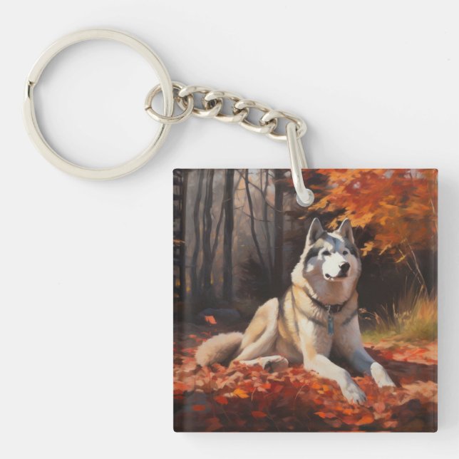 Porte-clefs Sibérie Husky en automne Feuilles automne Inspire  (Devant)