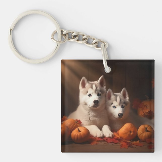 Porte-clefs Sibérie Husky Puppy Citrouille d'automne (Devant)
