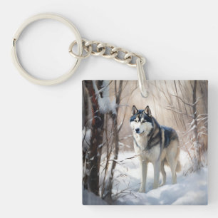 Porte-clefs Sibérien Husky Laisser Neige Noël