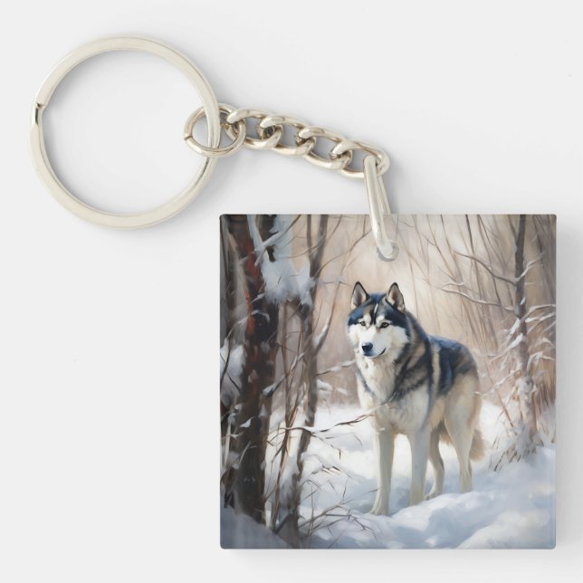 Porte-clefs Sibérien Husky Laisser Neige Noël (Devant)