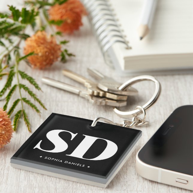 Porte-clefs Simple 2 Monogramme initial noir noir blanc (Devant Droit)