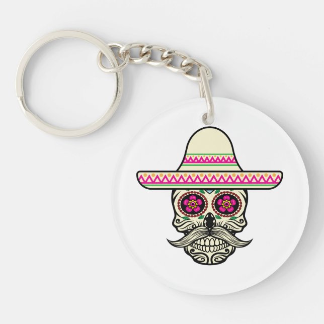 Porte-clefs Simple Dia de Muertos Crâne avec Casquette | Porte (Devant)