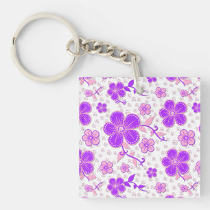 Porte-clefs Simple Impression Florale Aquarelle Violet et Rose