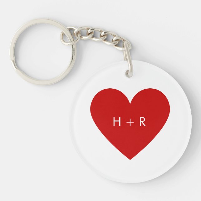 Porte-clefs Simple Rouge Cœur Amour Couples Monogramme Moderne (Devant)