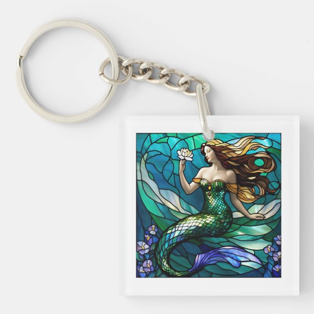 Porte-clefs Sirène en verre tendu admirant une fleur (Devant)