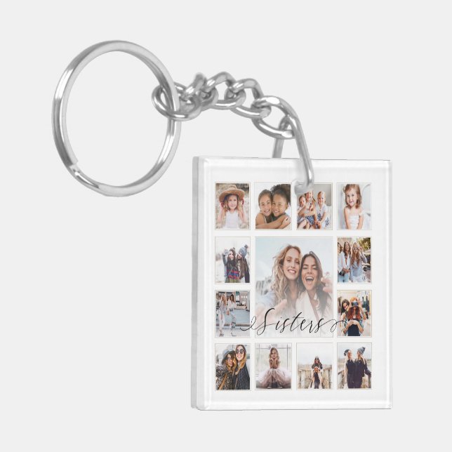 Porte-clefs Sisters Script Famille Memory Photo Grid Collage (Devant gauche)