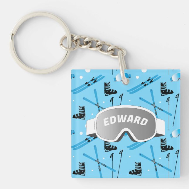 Porte-clefs Skier Personalised Skiing Themed Blue (Devant)