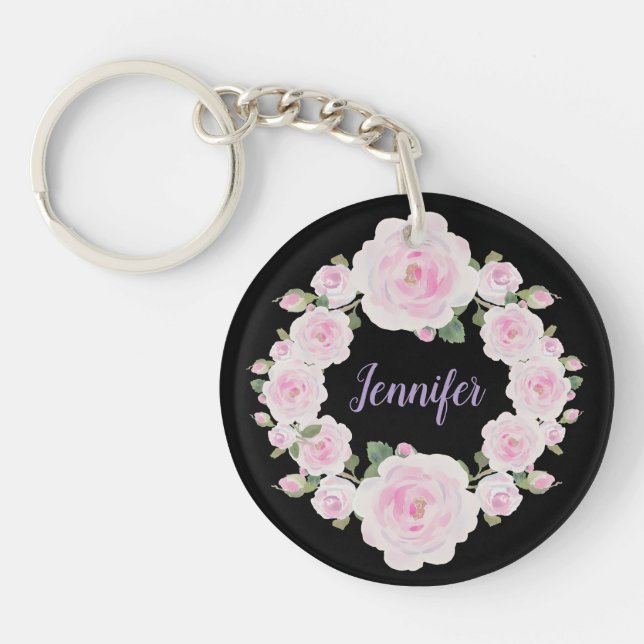 Porte-clefs Soft Pink Roses Wreath Name Round Acrylic Keychain (Devant)
