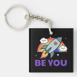 Porte-clefs Sois toi. Nuage de fusée arc-en-ciel avec coeur