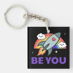 Porte-clefs Sois toi. Nuage de fusée arc-en-ciel avec le coeur