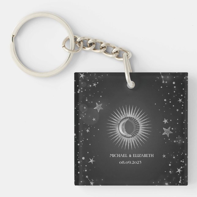Porte-clefs Soleil Céleste, Lune, Étoiles Sombre (Devant)