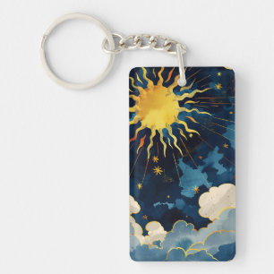 Porte-clefs Soleil céleste moderne, étoiles et nuages bleus