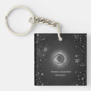 Porte-clefs Soleil, Lune, Étoiles Argent Céleste Foncé