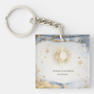Porte-clefs Soleil, Lune, Étoiles Célestes Aquarelle
